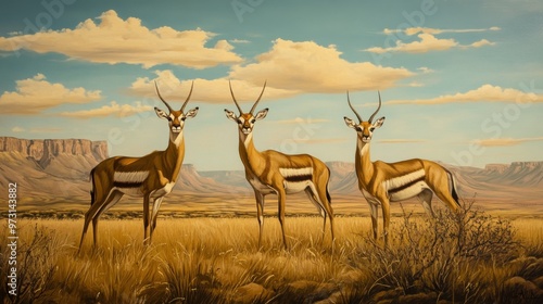 Three Antelopes in a Serene Desert Landscape