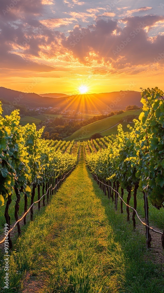 Naklejka premium Serene Dusk Cliffside: Last Rays of Sunlight on Rocky Outcrop Over Calm Ocean