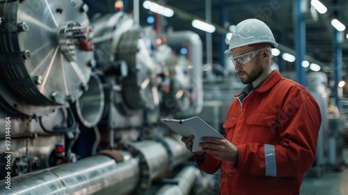 A man in a red jacket is looking at a clipboard while standing in a factory