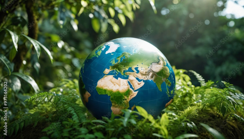 planet earth lies on moss in the forest. eco theme. ai generated planet earth lies on moss in the forest. eco theme. ai generated