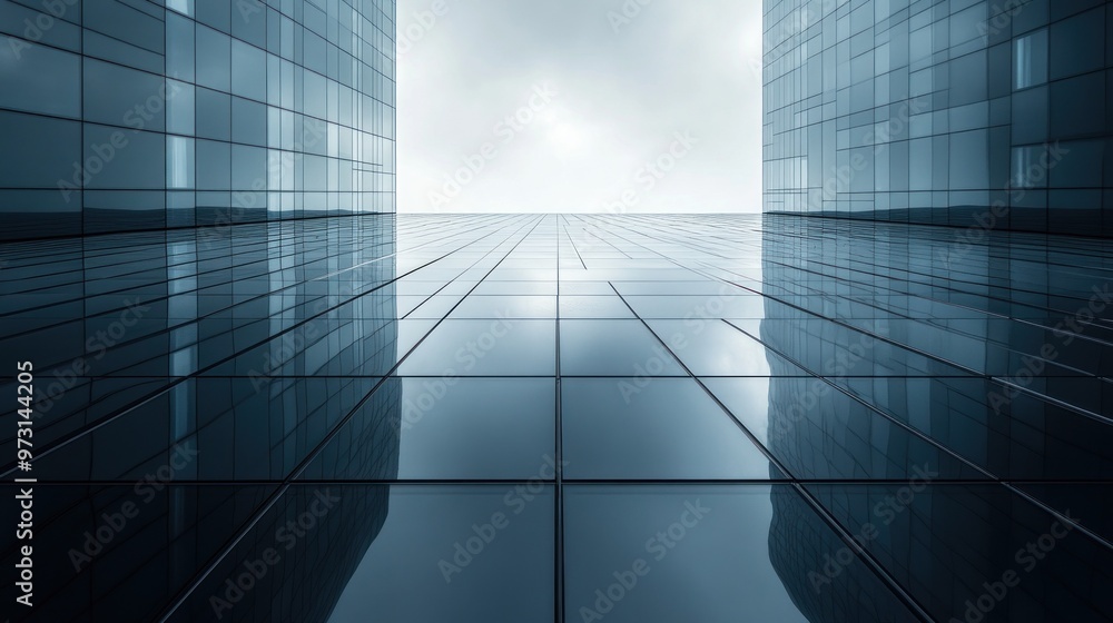 A low-angle view of modern glass buildings reflecting the sky, creating a sense of depth. A low-angle view of modern glass buildings reflecting the sky, creating a sense of depth.