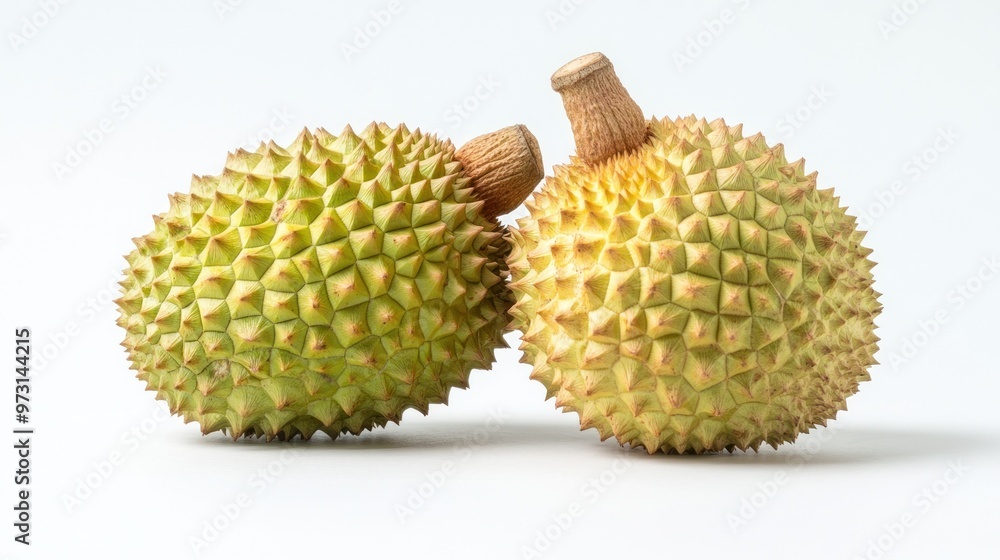 Two spiky, green durian fruits on a white background. Two spiky, green durian fruits on a white background.