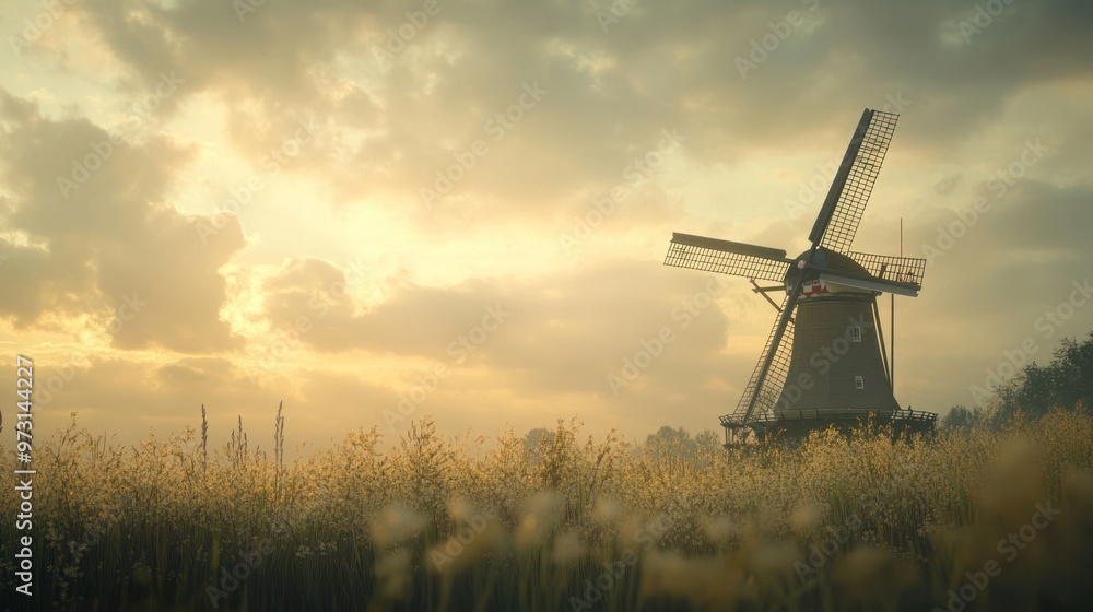 A serene landscape featuring a windmill at sunset, surrounded by blooming fields. A serene landscape featuring a windmill at sunset, surrounded by blooming fields.