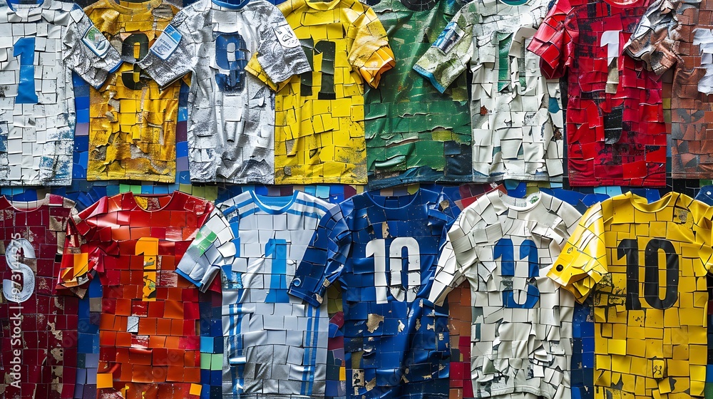 Fototapeta premium mosaic of colorful soccer jerseys with number 10 on the back
