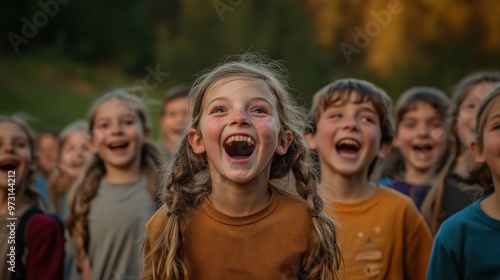A joyful group of children laughing and smiling outdoors, capturing a moment of happiness.