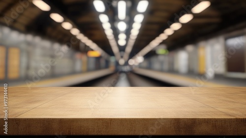 A blurred subway station background with a wooden tabletop in the foreground.