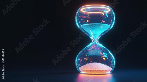 A futuristic glowing hourglass with neon lights, symbolizing time management, countdown, and the concept of passing time.