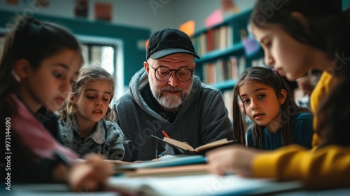 A man engages with children in a reading session, fostering learning and creativity.
