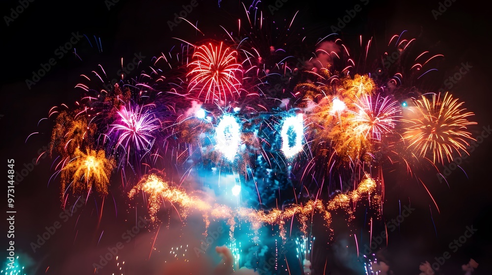 Fototapeta premium Smiley Face Fireworks: Colorful fireworks forming a giant smiley face in the night sky, symbolizing happiness and joy. 