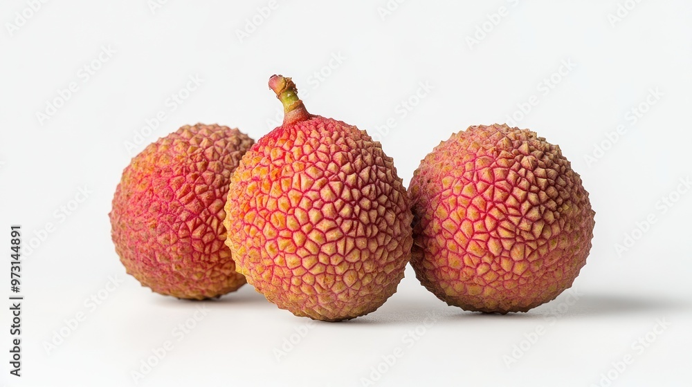 Three lychee fruits with textured skin on a white background. Three lychee fruits with textured skin on a white background.
