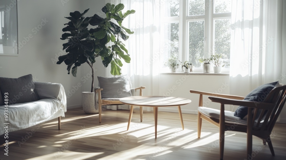 A cozy living room with natural light, plants, and minimalist furniture. A cozy living room with natural light, plants, and minimalist furniture.