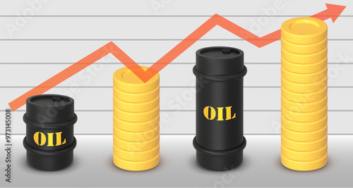 Graph with black round metal drum and stacks of coin. 3D rendering. Vector illustration. Barrel of chemical liquids, gases, oils. Oil Industry, Petrol Sign, rising oil prices