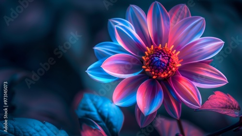 Neon pink and blue flower with contrasting glow Close-up photo with clean background