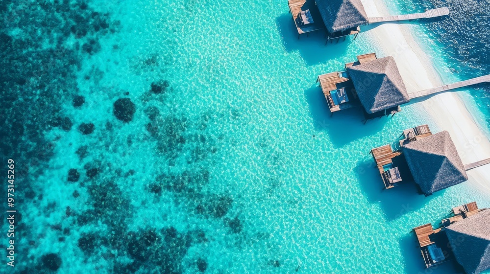 Aerial view of luxurious overwater bungalows on turquoise waters and white sandy beaches, perfect for an exotic vacation getaway. Aerial view of luxurious overwater bungalows on turquoise waters and white sandy beaches, perfect for an exotic vacation getaway.