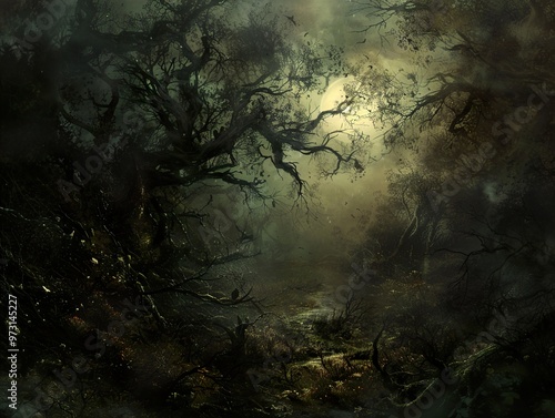 A dark, mysterious forest path with gnarled trees and a full moon shining through the misty air.