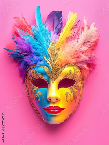 Colorful Carnival Mask isolated on pink with feathers Carnival mask carnival face colorful with generative ai