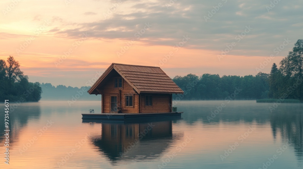 A serene wooden house on a floating platform in a calm lake at sunrise. A serene wooden house on a floating platform in a calm lake at sunrise.