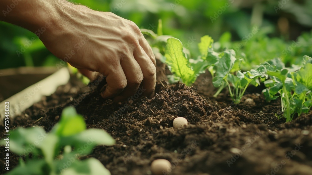 Hand Planting Seeds in a Lush Garden Hand Planting Seeds in a Lush Garden