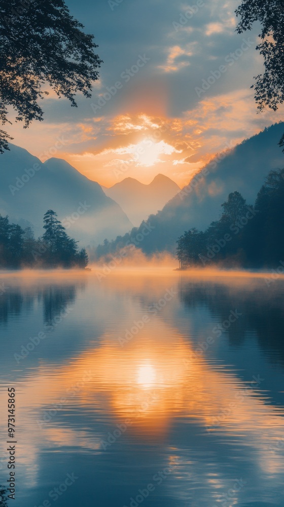 Tranquil Sunrise Over Mountain Lake with Misty Waters and Soft Warm Sky Hues Tranquil Sunrise Over Mountain Lake with Misty Waters and Soft Warm Sky Hues