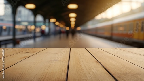 Wallpaper Mural A blurred train station scene with a wooden table in the foreground. Torontodigital.ca