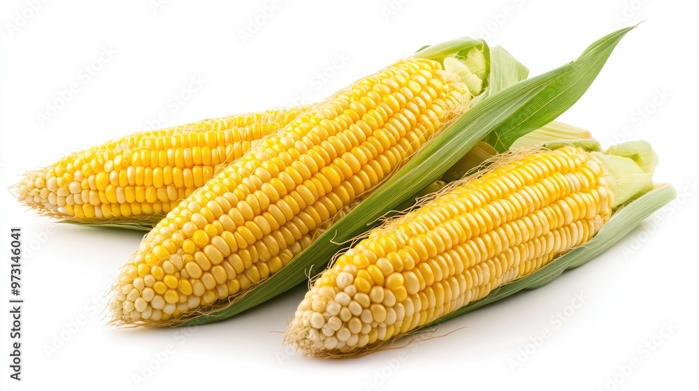 Three ears of fresh corn with husks, showcasing vibrant yellow kernels. Three ears of fresh corn with husks, showcasing vibrant yellow kernels.