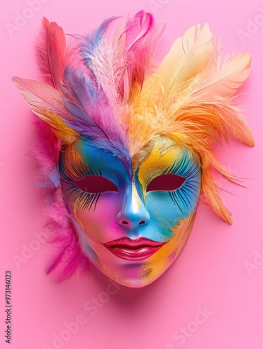 Colorful Carnival Mask isolated on pink with feathers Carnival mask carnival face colorful with generative ai