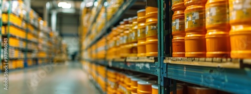 Industrial Warehouse with Rows of Yellow Barrels