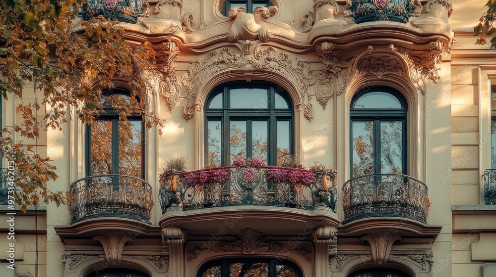 Elegant architectural facade adorned with floral balconies and intricate details. Elegant architectural facade adorned with floral balconies and intricate details.