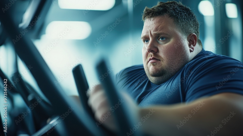 Motivated man exercising on elliptical machine in gym showing perseverance and determination Motivated man exercising on elliptical machine in gym showing perseverance and determination