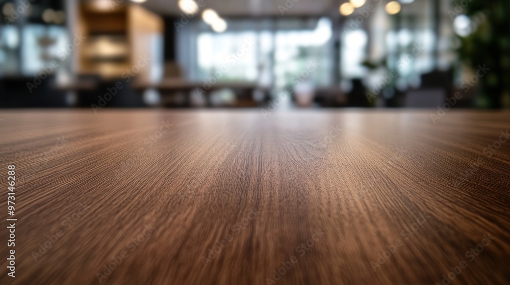 A close-up view of a wooden table surface in a modern, well-lit office space. A close-up view of a wooden table surface in a modern, well-lit office space.