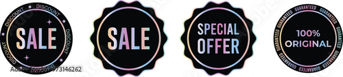Set of sale tag neon holographic round sticker templates, label with holographic effect. vector eps10