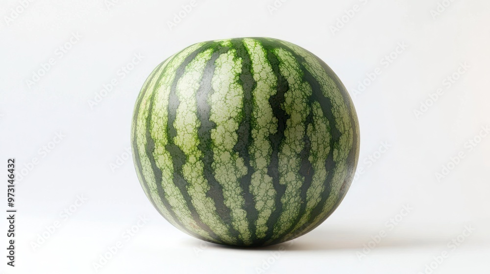 A whole watermelon with a striped green rind on a plain background. A whole watermelon with a striped green rind on a plain background.