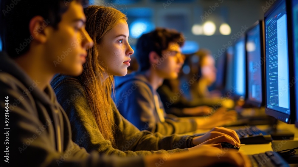 Students engaged in programming at computers in a collaborative learning environment. Students engaged in programming at computers in a collaborative learning environment.