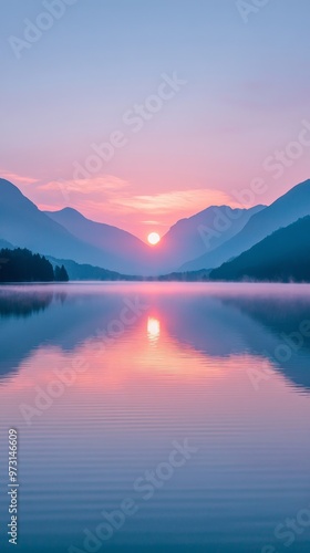 Tranquil Sunrise Over Mountain Lake with Mist and Soft Warm Hues