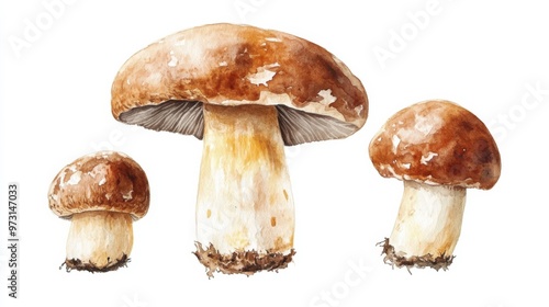 Three hand-painted mushrooms showcasing their natural colors and textures, arranged on a clean white background