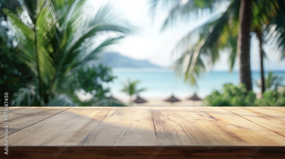 A serene beach view with a wooden table in the foreground, perfect for relaxation or dining. A serene beach view with a wooden table in the foreground, perfect for relaxation or dining.
