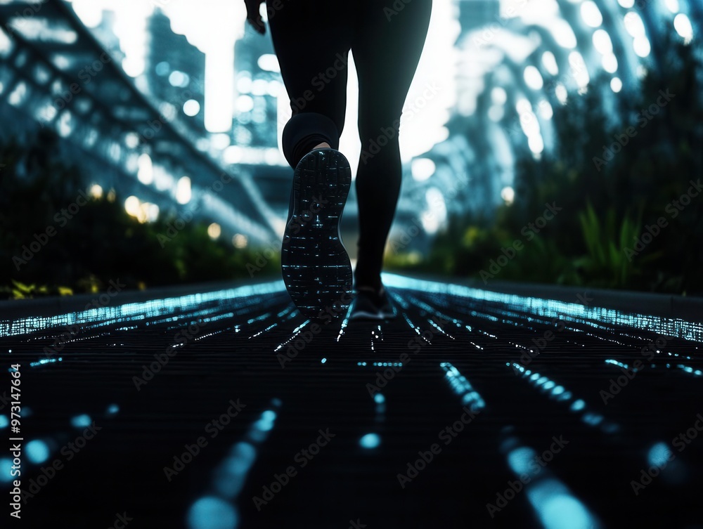 Fototapeta premium A determined fitness enthusiast power walking through a futuristic cityscape parkOutdoor fitness track, side view, Cybernetic tone, Monochromatic color scheme,