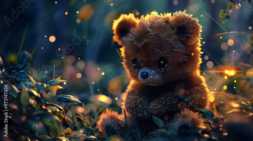 A small, brown teddy bear sits in a field of green grass with glowing lights in the background.