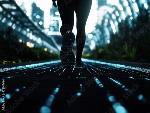 A determined fitness enthusiast power walking through a futuristic cityscape parkOutdoor fitness track, side view, Cybernetic tone, Monochromatic color scheme, photo