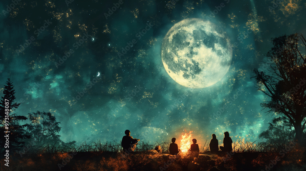 Spooky Storytelling Night, kids gathered around a campfire with adults telling eerie stories under a full moon, Halloween, with copy space Spooky Storytelling Night, kids gathered around a campfire with adults telling eerie stories under a full moon, Halloween, with copy space