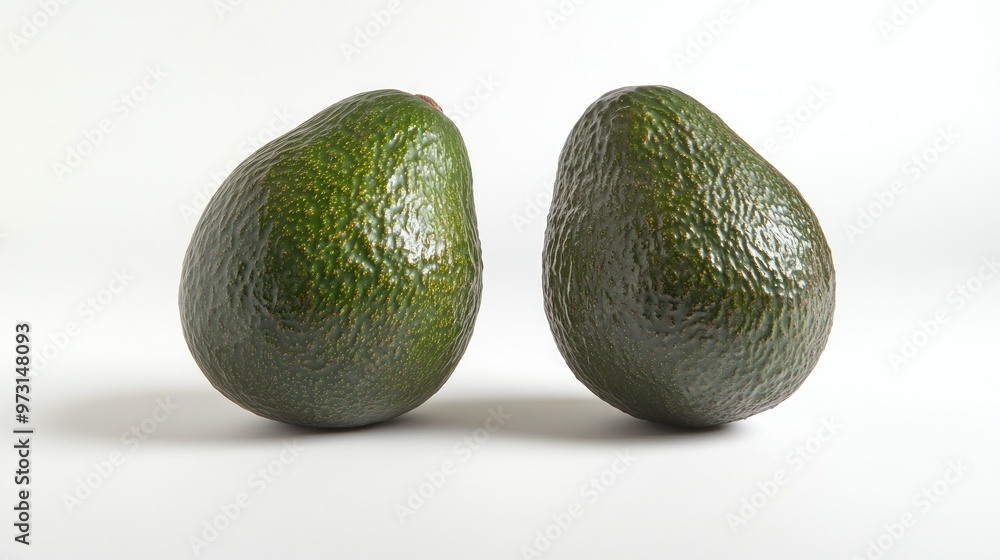 Two ripe avocados on a white background, showcasing their texture and color. Two ripe avocados on a white background, showcasing their texture and color.