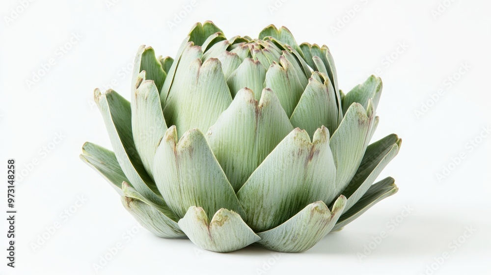 A fresh artichoke displayed on a white background, highlighting its unique shape and color. A fresh artichoke displayed on a white background, highlighting its unique shape and color.
