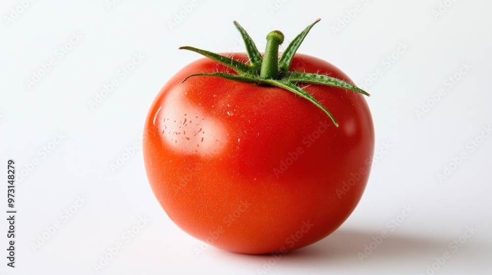 A fresh, ripe red tomato with green leaves on a white background. A fresh, ripe red tomato with green leaves on a white background.