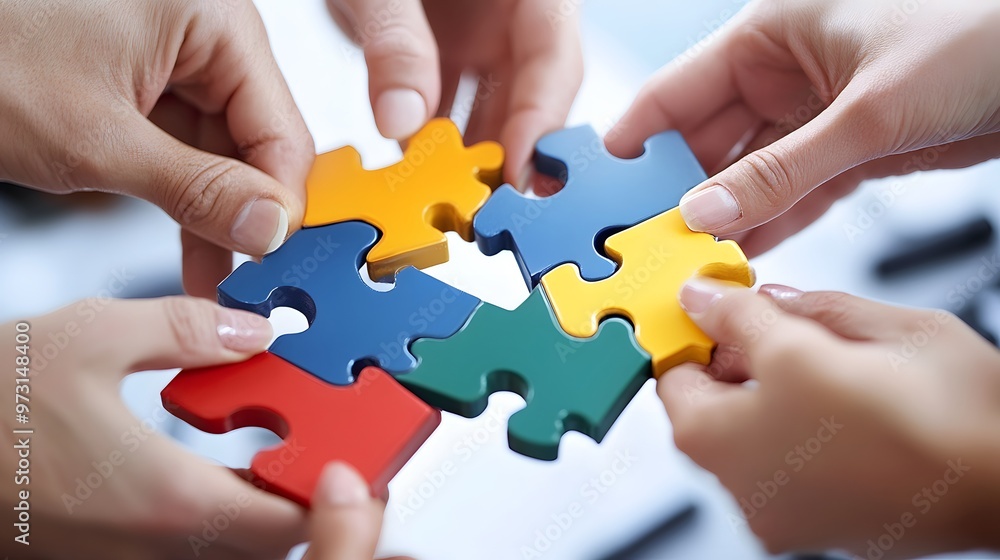 Hands Joining Colorful Puzzle Pieces Together Hands Joining Colorful Puzzle Pieces Together