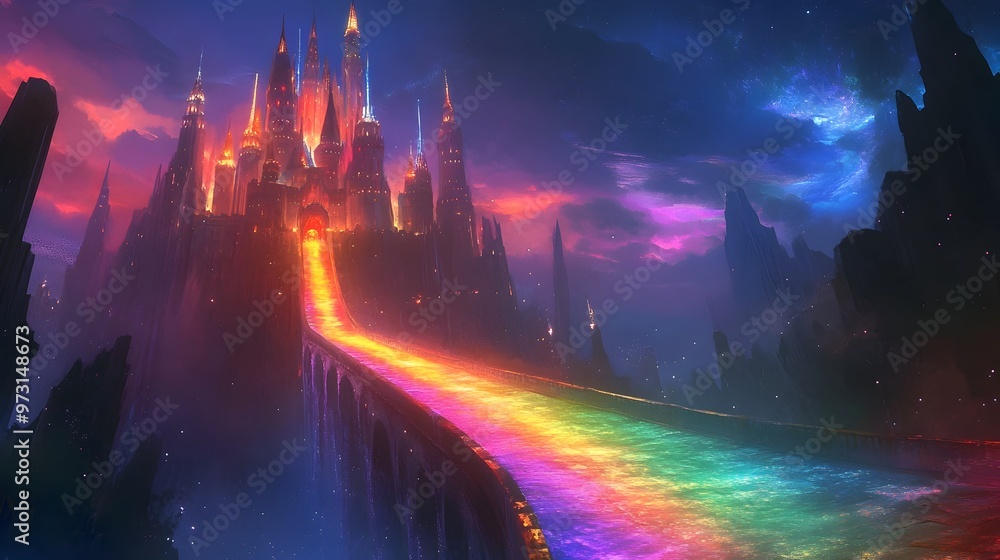 Fototapeta premium Enchanted Fairytale Castle Glowing in Cosmic Galaxy Landscape