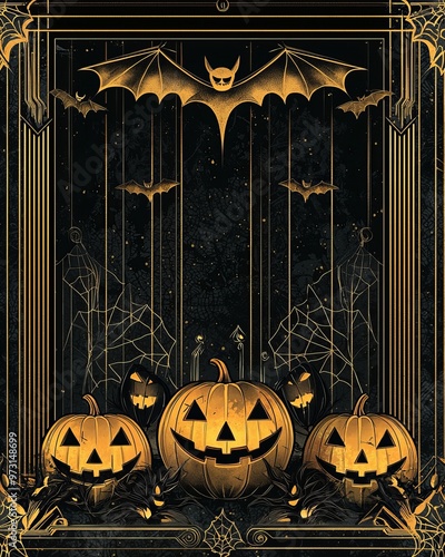 Art deco Halloween card, black and gold geometric patterns.