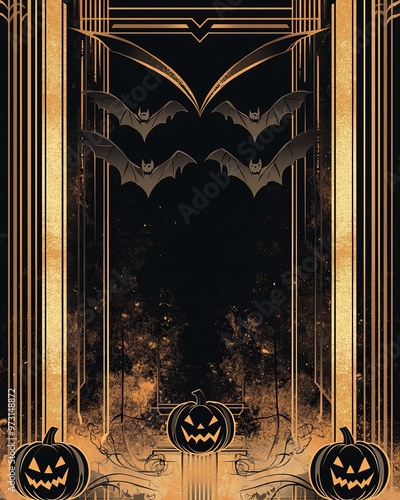 Art deco Halloween card, black and gold geometric patterns.