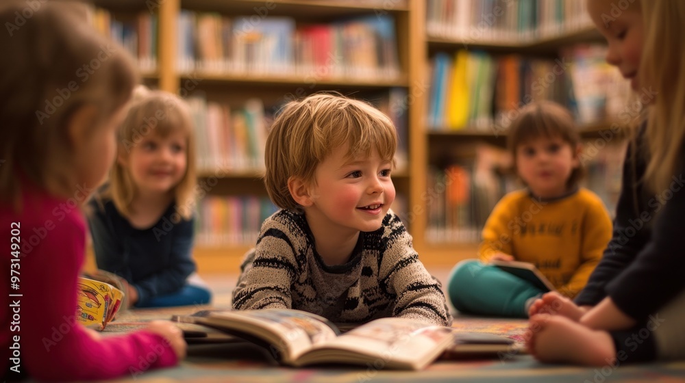 Children engaged in a reading activity in a library, promoting literacy and learning. Children engaged in a reading activity in a library, promoting literacy and learning.