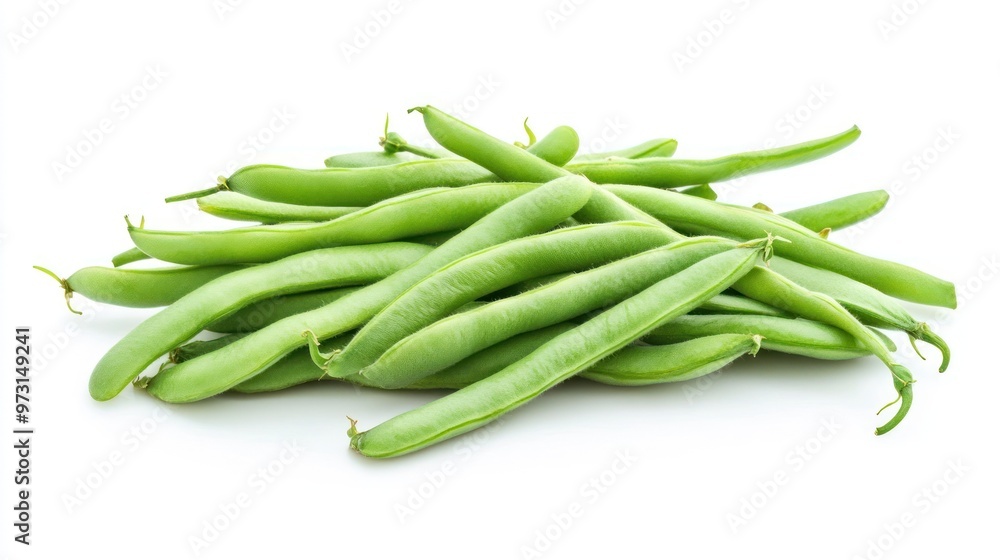 A pile of fresh green beans on a white background, ideal for cooking and healthy eating. A pile of fresh green beans on a white background, ideal for cooking and healthy eating.