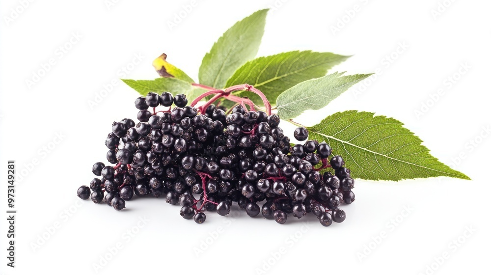 A cluster of black elderberries with green leaves on a white background. A cluster of black elderberries with green leaves on a white background.